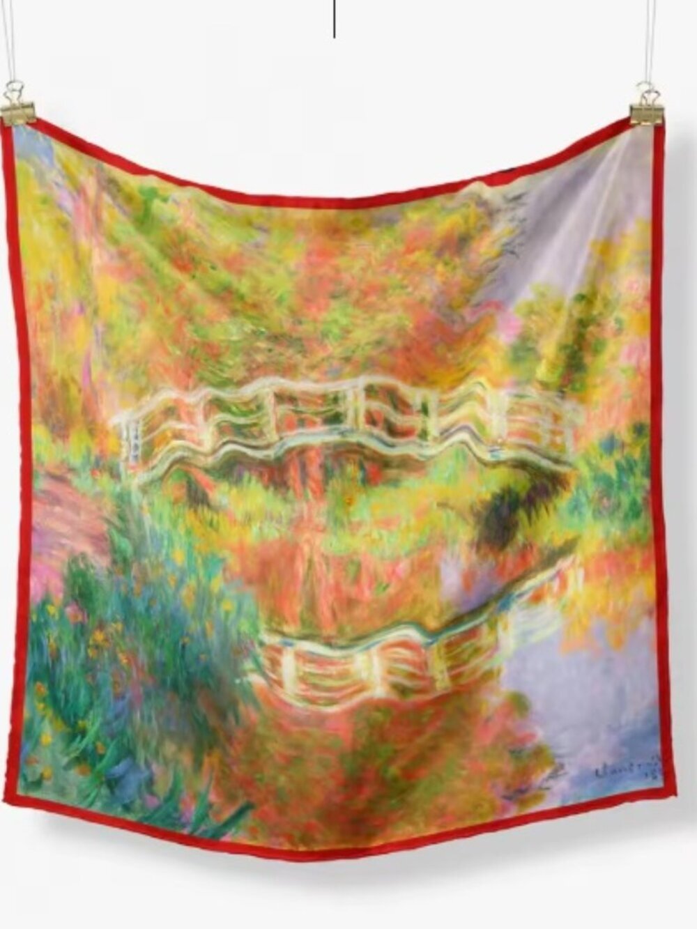 Monet Japanese Footbridge Silk Feel Square Scarf Art 20.75" x 20.75" NEW